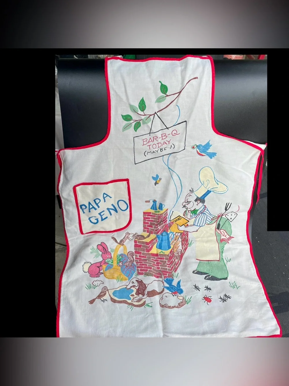 Vintage BBQ Full Apron Color Transferware Barbecue Chef Animals Papa Geno 50’s